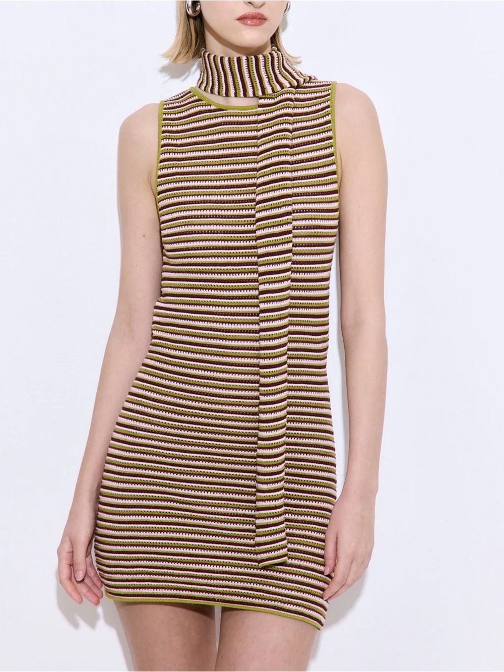 Sleeveless Striped Knit Mini Dress in Olive and Brown